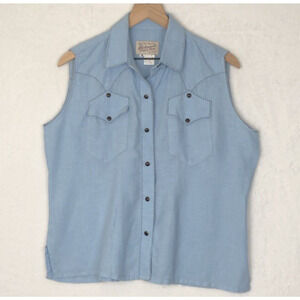 VTG TRUE WEST Rockmount Ranch Wear 100% Linen Western Snap Shirt Women's M‎ Blue